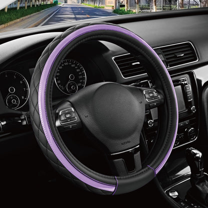 Road Comforts Leather Steering Wheel Cover – Black & Purple, Universal Fit 14.5-15 Inch, Microfiber Leather, Anti-Slip & Breathable Design for Men and Women