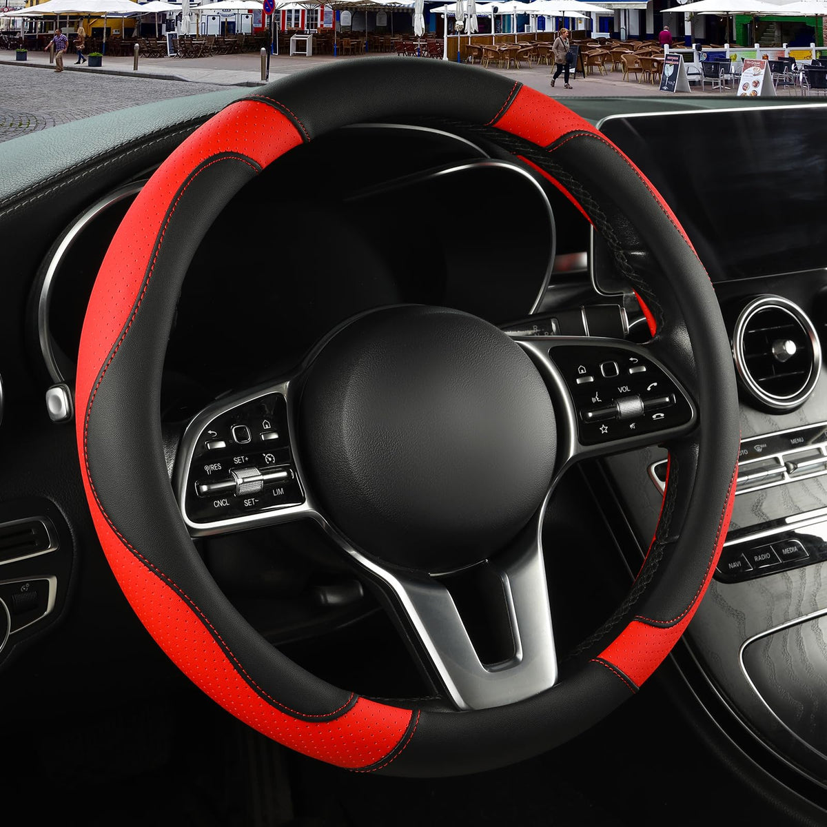 Black Orange Microfiber Leather Steering Wheel Cover 15 inch