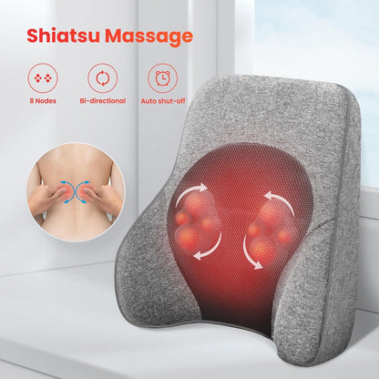 COMFIER Back Lumbar Support Pillow for Office, Heated Back Support with 4 Shiatsu Massage Heads & Heating Function, Memory Foam Lumbar Pillow for Computer Gaming Chair-Gray