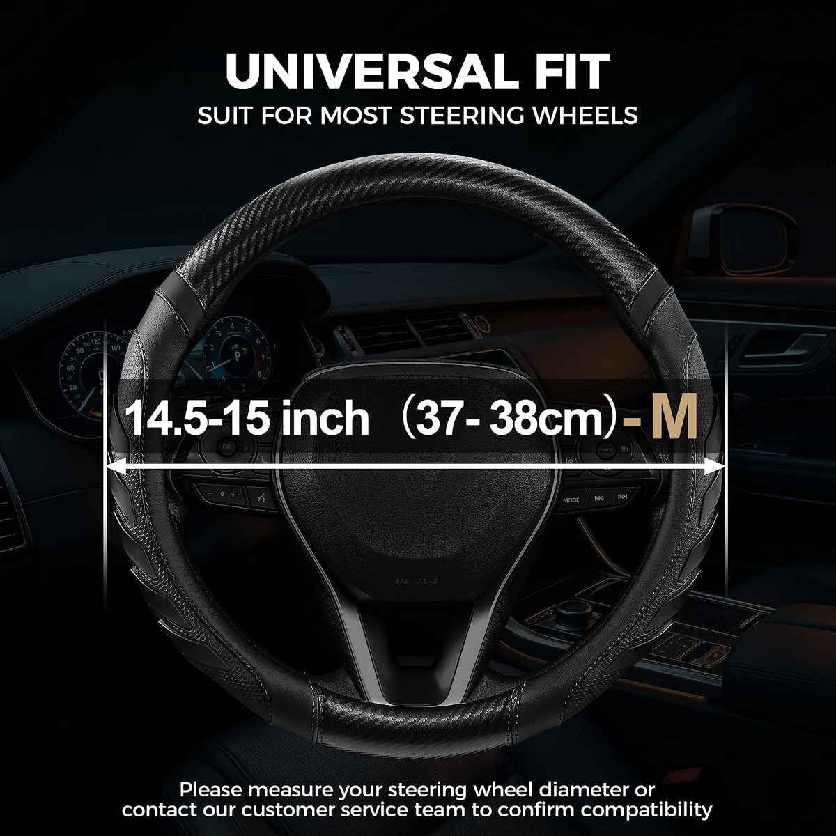 West Llama Carbon Fiber Leather Steering Wheel Cover with Anti-Slip Grip, 3D Textured Design, 14.5-15 Inch Car Steering Wheel Cover, Durable Interior Accessory（Standard Size-Black