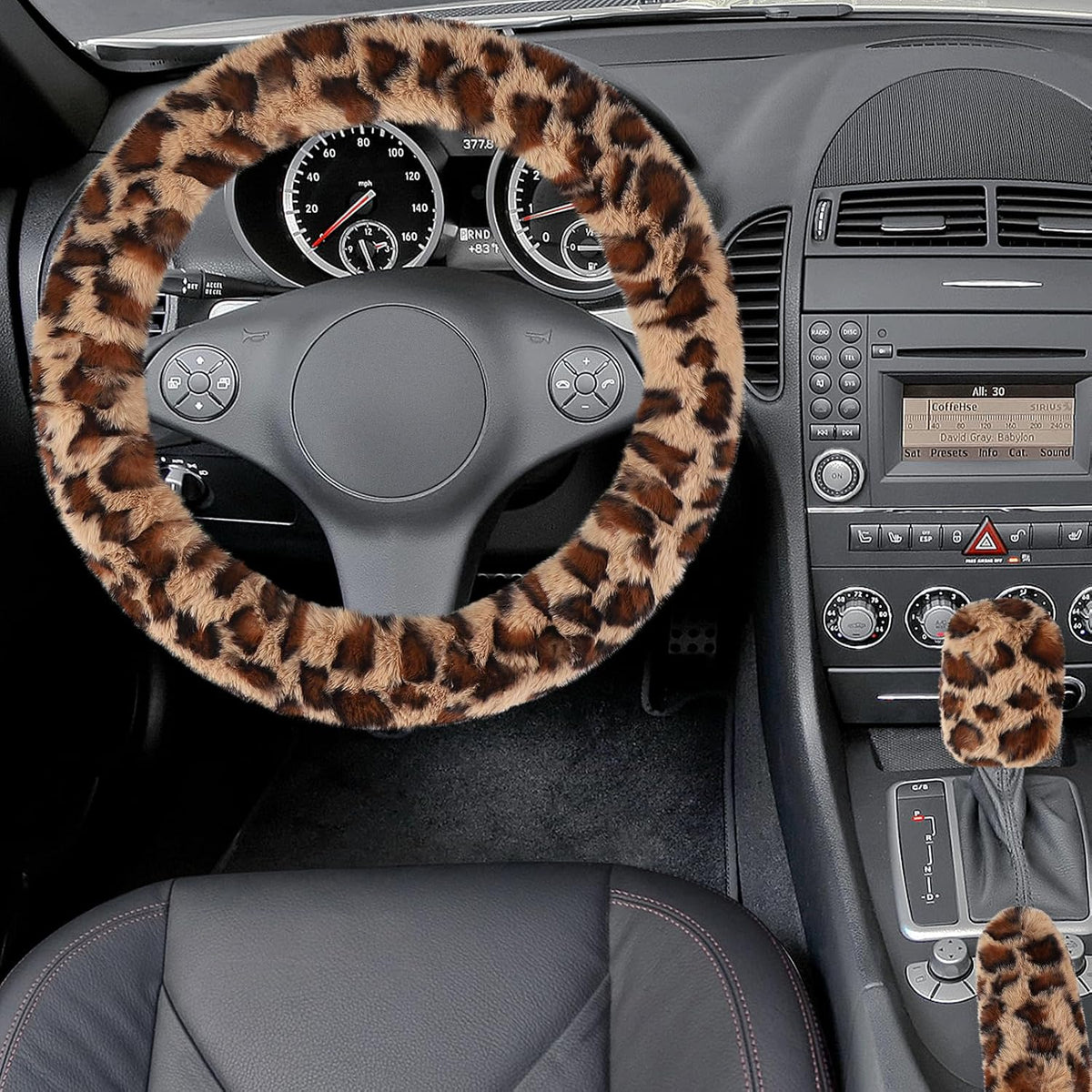 Accmor Fuzzy Car Steering Wheel Cover, Universal Fit Fur Auto Wheel Cover & Handbrake Cover & Gear Shift Cover Set, Leopard Warm Fluffy Vehicle Wheel Protector Car Accessories for Men Women (Brown)