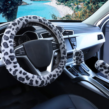 Accmor Fuzzy Car Steering Wheel Cover, Universal Fit Fur Auto Wheel Cover & Handbrake Cover & Gear Shift Cover Set, Leopard Warm Fluffy Vehicle Wheel Protector Car Accessories for Men Women (Brown)