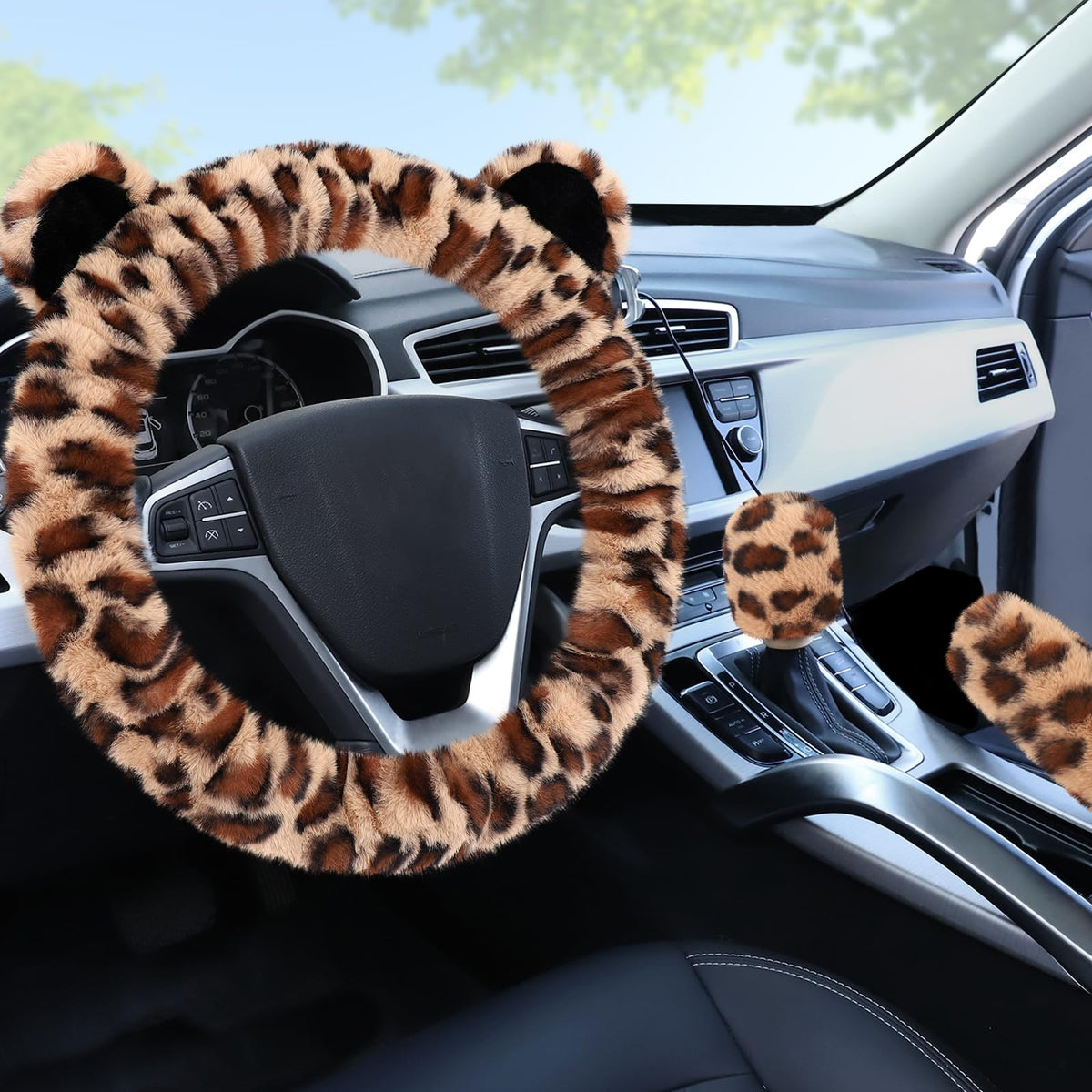 Accmor Fuzzy Car Steering Wheel Cover, Universal Fit Fur Auto Wheel Cover & Handbrake Cover & Gear Shift Cover Set, Leopard Warm Fluffy Vehicle Wheel Protector Car Accessories for Men Women (Brown)