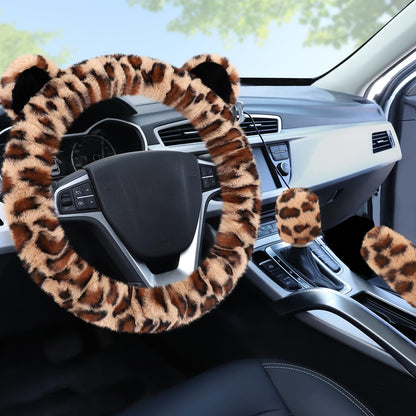 Accmor Fuzzy Car Steering Wheel Cover, Universal Fit Fur Auto Wheel Cover & Handbrake Cover & Gear Shift Cover Set, Leopard Warm Fluffy Vehicle Wheel Protector Car Accessories for Men Women (Brown)
