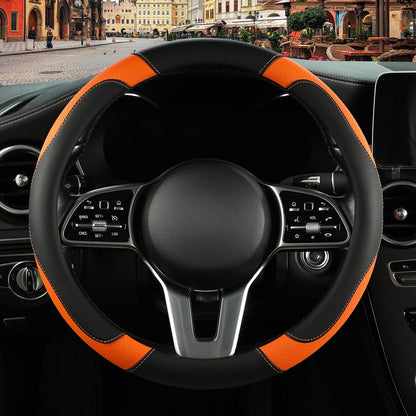 Black Orange Microfiber Leather Steering Wheel Cover 15 inch