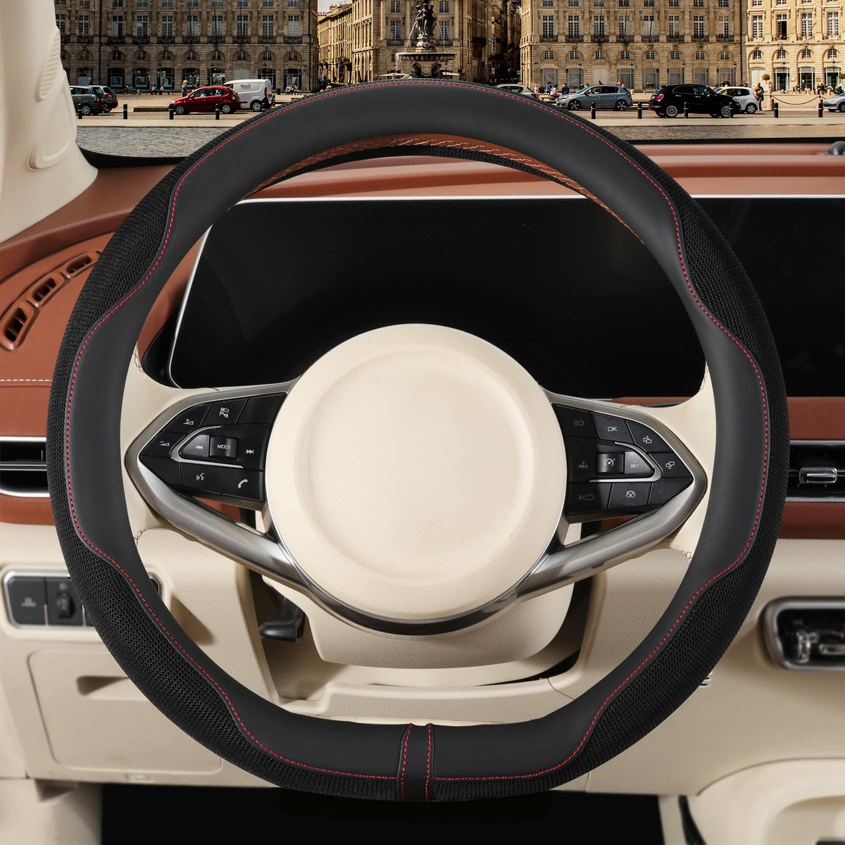 Nappa Leather Ice Silk Fabric Pink Steering Wheel Cover Women