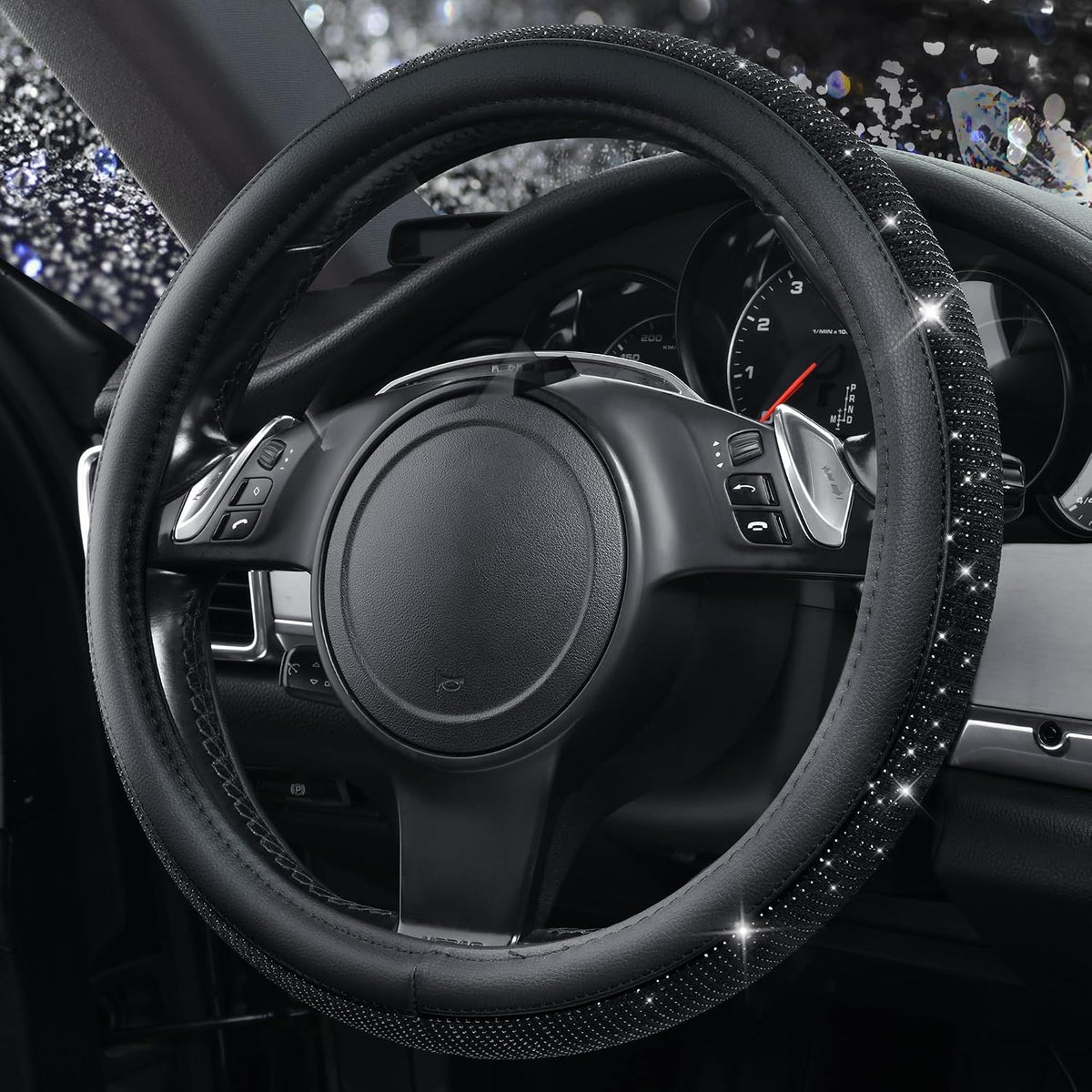 CAR PASS Bling Diamond Leather Steering Wheel Cover, With Sparkly Crystal Glitter Rhinestones Universal Fit 14"1/2-15" Car Wheel Protector for Women Girl Fit Suvs,Vans,Sedans,Car,Trucks, Black Diamond