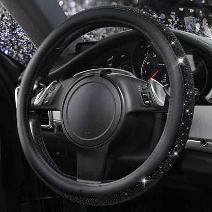 CAR PASS Bling Diamond Leather Steering Wheel Cover, With Sparkly Crystal Glitter Rhinestones Universal Fit 14"1/2-15" Car Wheel Protector for Women Girl Fit Suvs,Vans,Sedans,Car,Trucks, Black Diamond