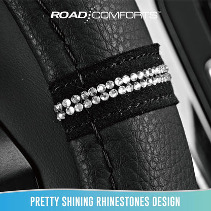 Road Comforts Leopard Steering Wheel Cover for Women, Cute Anti-Slip Premium PVC Leather, Fit 14.5-15 Inches Round Steering Wheel - Black