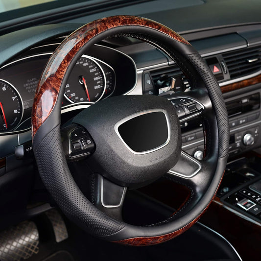 KAFEEK Wood Grain Steering Wheel Cover, Microfiber Leather, 15 Inch