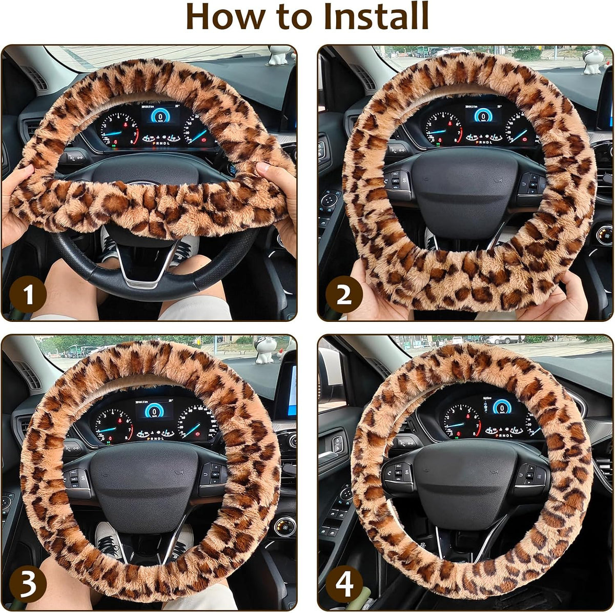 Accmor Fuzzy Car Steering Wheel Cover, Universal Fit Fur Auto Wheel Cover & Handbrake Cover & Gear Shift Cover Set, Leopard Warm Fluffy Vehicle Wheel Protector Car Accessories for Men Women (Brown)