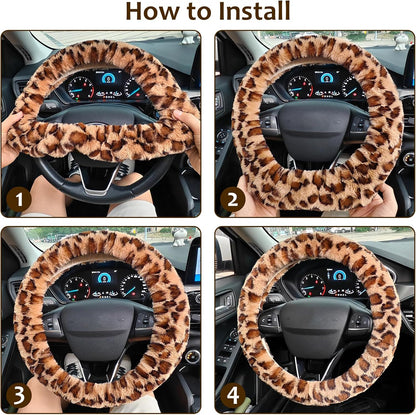 Accmor Fuzzy Car Steering Wheel Cover, Universal Fit Fur Auto Wheel Cover & Handbrake Cover & Gear Shift Cover Set, Leopard Warm Fluffy Vehicle Wheel Protector Car Accessories for Men Women (Brown)