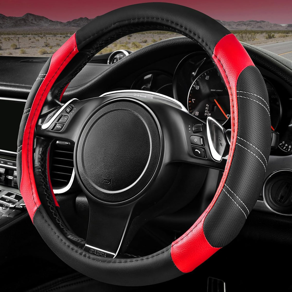 CAR PASS Line Rider Microfiber Leather Sporty Steering Wheel Cover Universal Fits for 95% Truck,SUV,Cars,14.5-15inch Anti-Slip Safety Comfortable Desgin (Black-Blue)