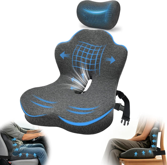 3-in-1 Memory Foam Seat Cushion and Headrest Pillow with Lumbar Support