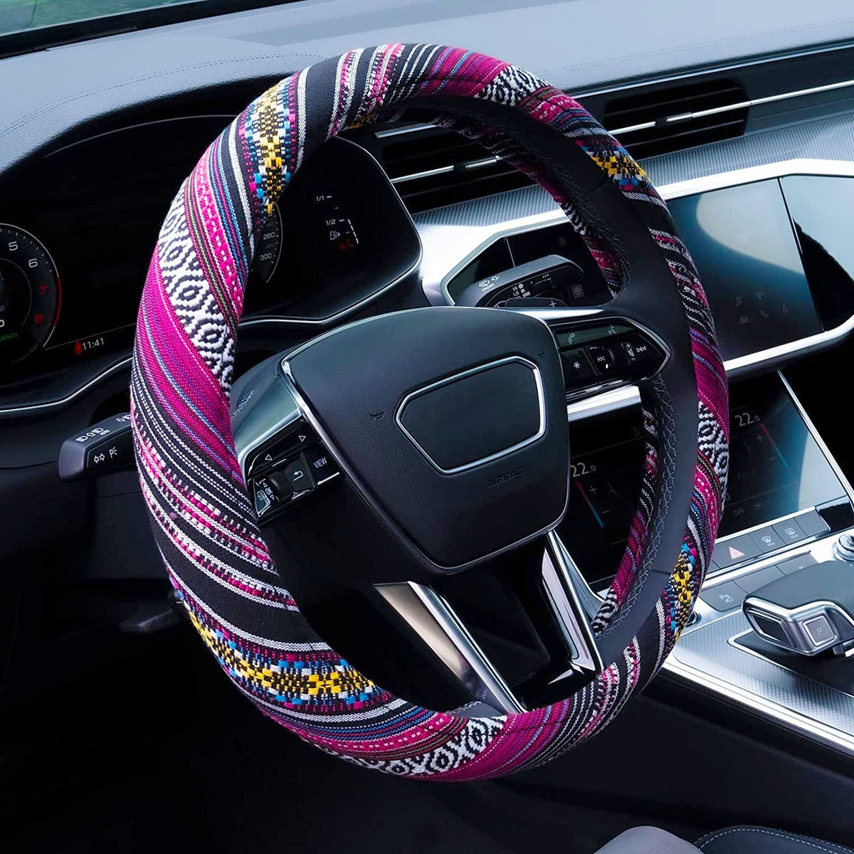 Boho Steering Wheel Cover Elastic Microfiber for Women, Universal Fit 15 inch Car SUV, Hippie Style Protector Cover, Anti-Slip, Breathable, Absorbing Sweat - 01