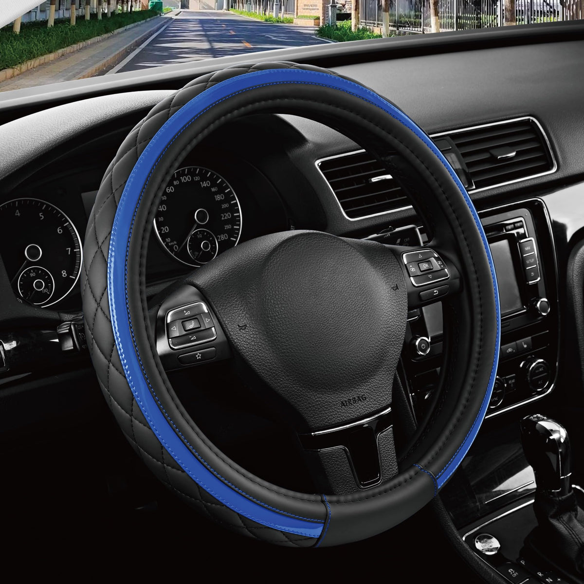 Road Comforts Leather Steering Wheel Cover – Black & Purple, Universal Fit 14.5-15 Inch, Microfiber Leather, Anti-Slip & Breathable Design for Men and Women