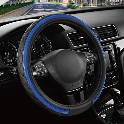 Road Comforts Leather Steering Wheel Cover – Black & Purple, Universal Fit 14.5-15 Inch, Microfiber Leather, Anti-Slip & Breathable Design for Men and Women