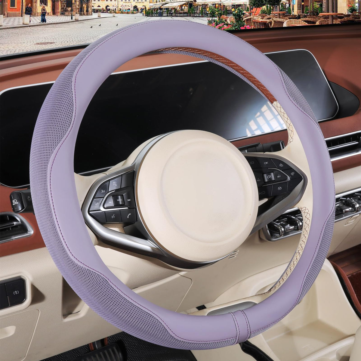 Nappa Leather Ice Silk Fabric Pink Steering Wheel Cover Women
