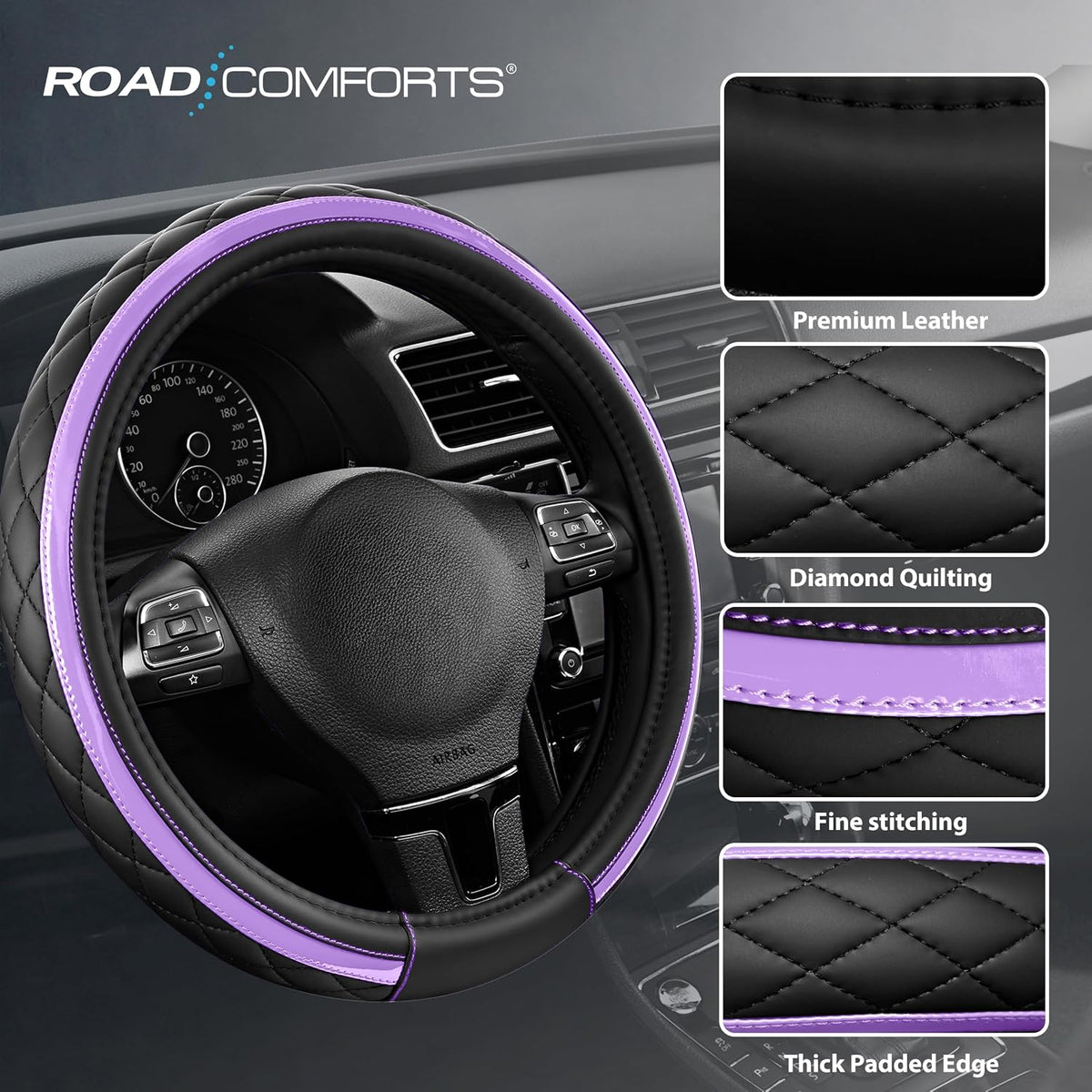 Road Comforts Leather Steering Wheel Cover – Black & Purple, Universal Fit 14.5-15 Inch, Microfiber Leather, Anti-Slip & Breathable Design for Men and Women