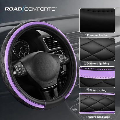 Road Comforts Leather Steering Wheel Cover – Black & Purple, Universal Fit 14.5-15 Inch, Microfiber Leather, Anti-Slip & Breathable Design for Men and Women