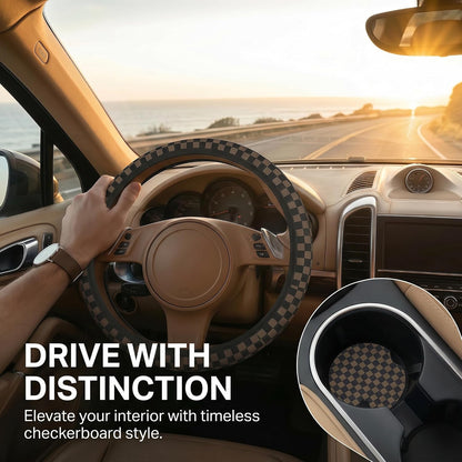 Checkered Black Brown Steering Wheel Cover 15 Inch Car + 2 pc Car Coasters