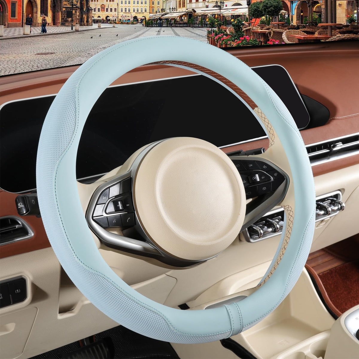 Nappa Leather Ice Silk Fabric Pink Steering Wheel Cover Women