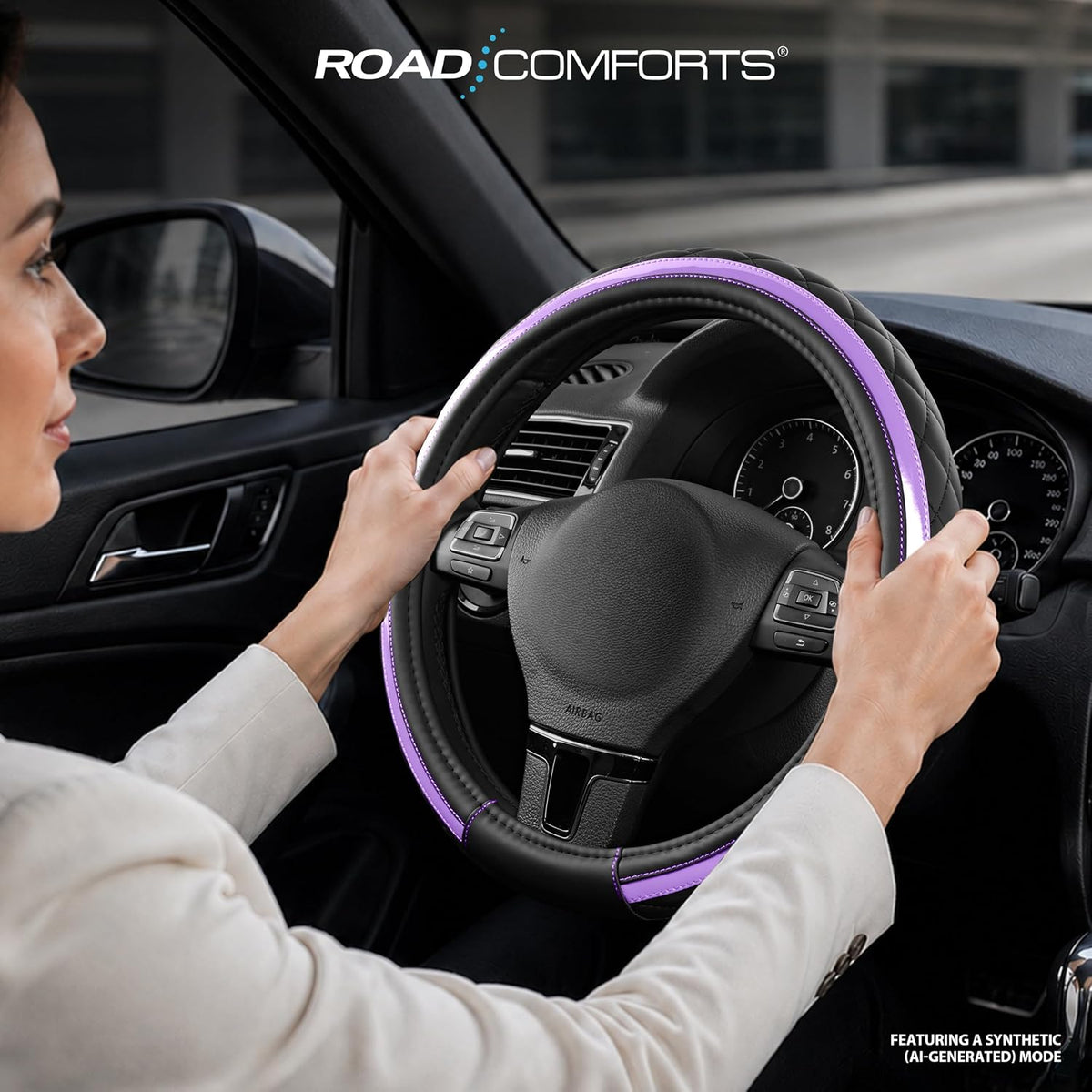Road Comforts Leather Steering Wheel Cover – Black & Purple, Universal Fit 14.5-15 Inch, Microfiber Leather, Anti-Slip & Breathable Design for Men and Women