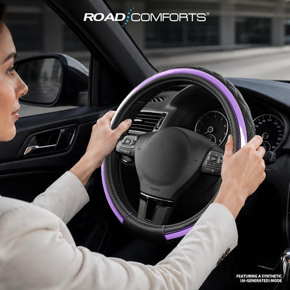 Road Comforts Leather Steering Wheel Cover – Black & Purple, Universal Fit 14.5-15 Inch, Microfiber Leather, Anti-Slip & Breathable Design for Men and Women