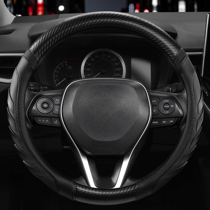 West Llama Carbon Fiber Leather Steering Wheel Cover with Anti-Slip Grip, 3D Textured Design, 14.5-15 Inch Car Steering Wheel Cover, Durable Interior Accessory（Standard Size-Black