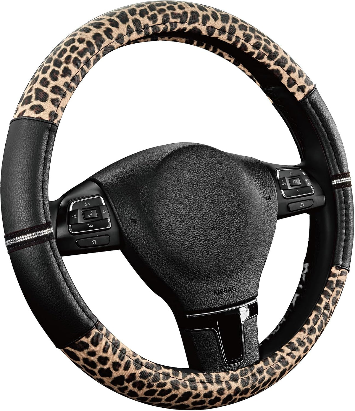 Road Comforts Leopard Steering Wheel Cover for Women, Cute Anti-Slip Premium PVC Leather, Fit 14.5-15 Inches Round Steering Wheel - Black