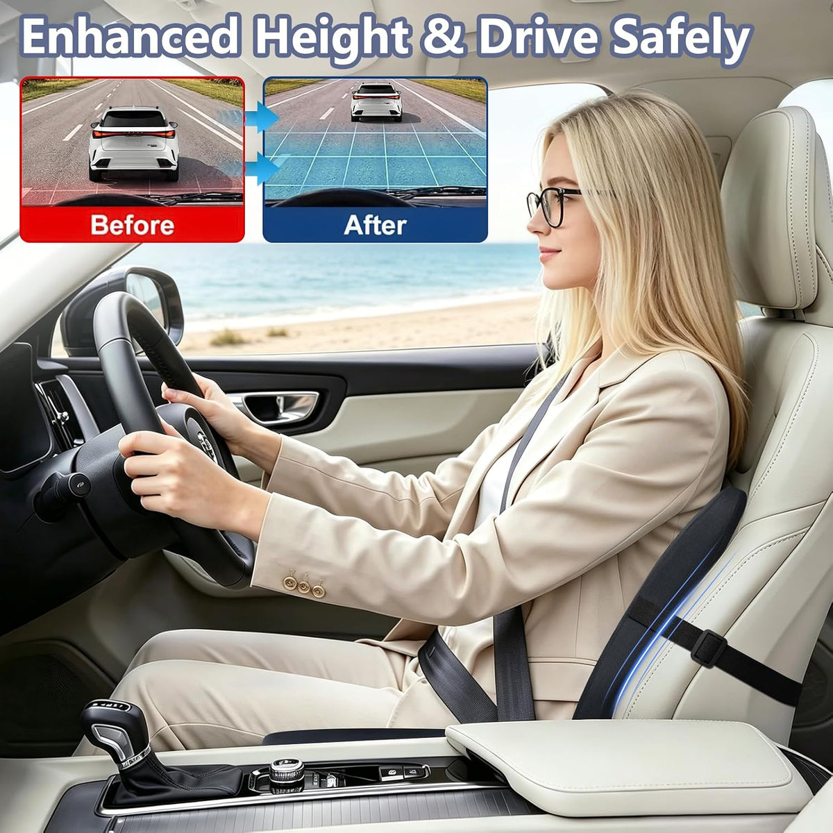 Car Seat Cushion with Lumbar Support, Firm 2-Piece Set for Long Drive, Grey