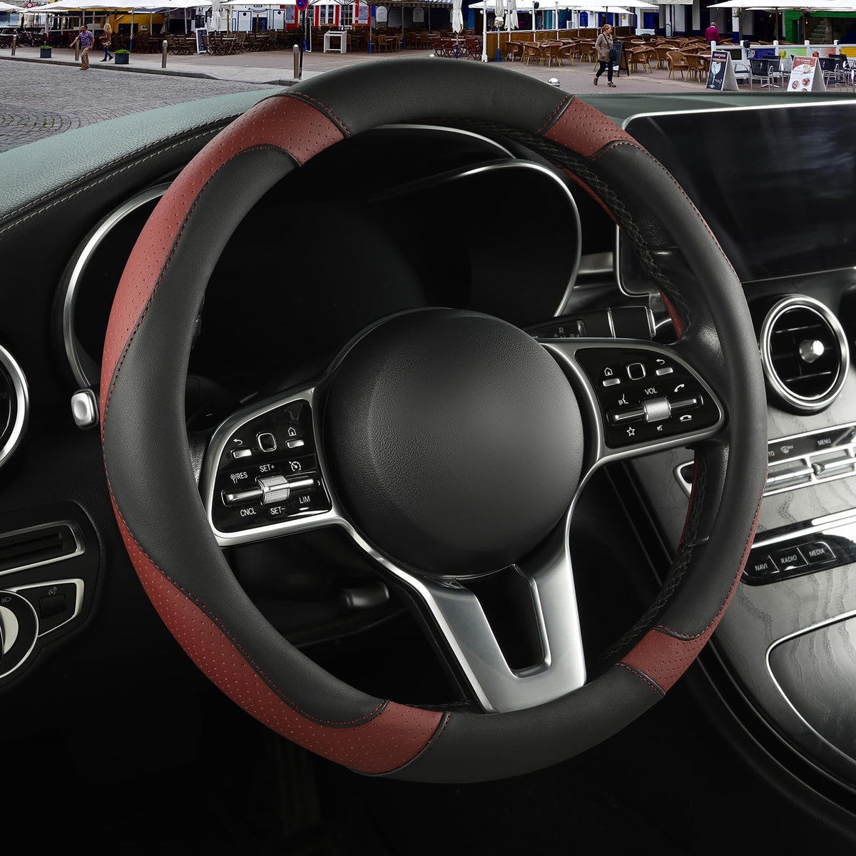 Black Orange Microfiber Leather Steering Wheel Cover 15 inch