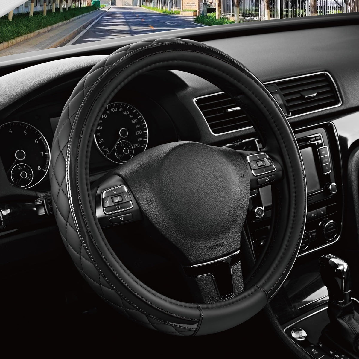 Road Comforts Leather Steering Wheel Cover – Black & Purple, Universal Fit 14.5-15 Inch, Microfiber Leather, Anti-Slip & Breathable Design for Men and Women