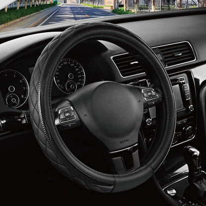 Road Comforts Leather Steering Wheel Cover – Black & Purple, Universal Fit 14.5-15 Inch, Microfiber Leather, Anti-Slip & Breathable Design for Men and Women