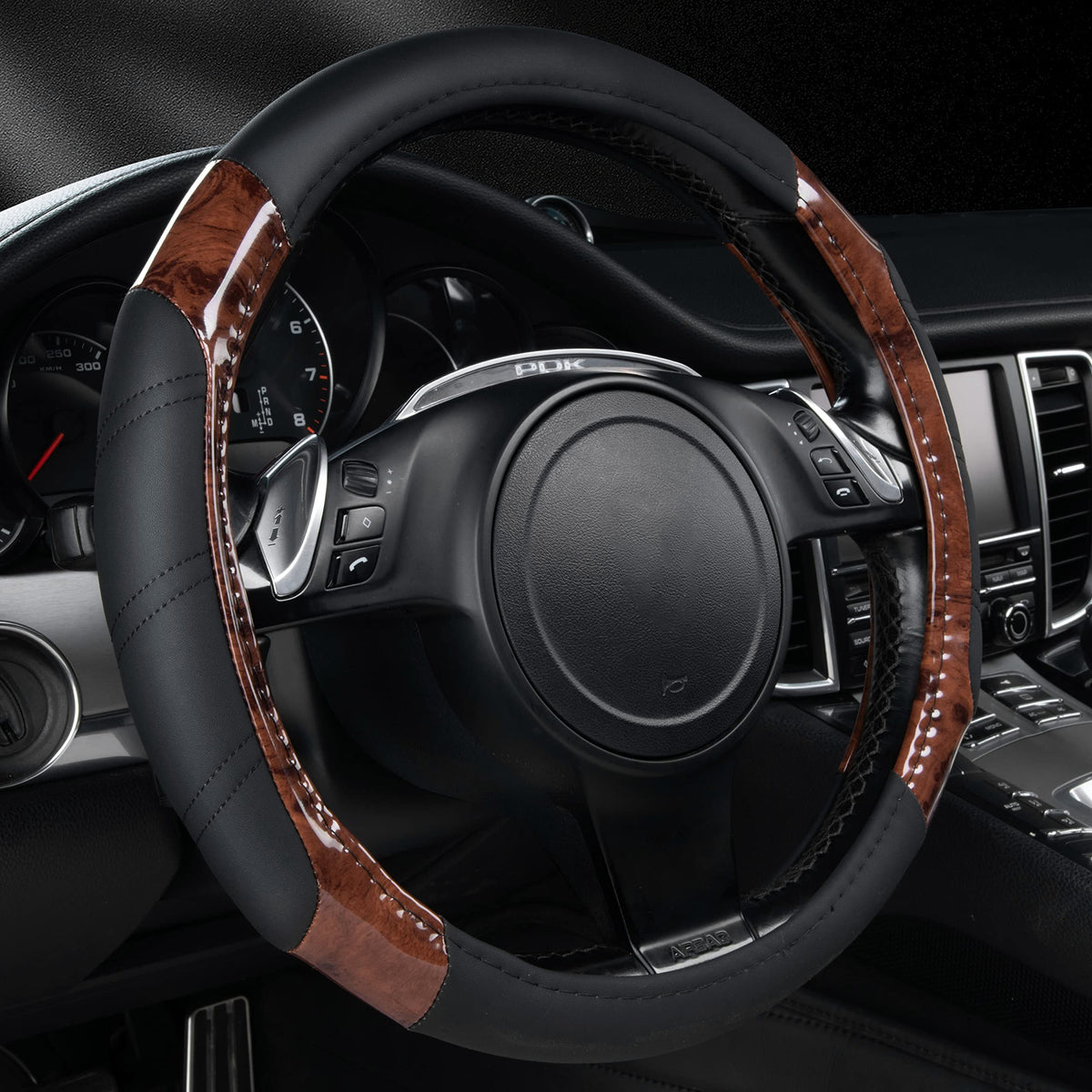 CAR PASS Line Rider Microfiber Leather Sporty Steering Wheel Cover Universal Fits for 95% Truck,SUV,Cars,14.5-15inch Anti-Slip Safety Comfortable Desgin (Black-White)