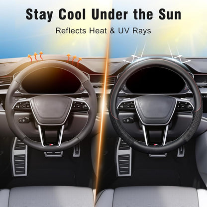 KAFEEK Steering Wheel Cover, Cooling Ice Silk Leather, 15 Inch, Black