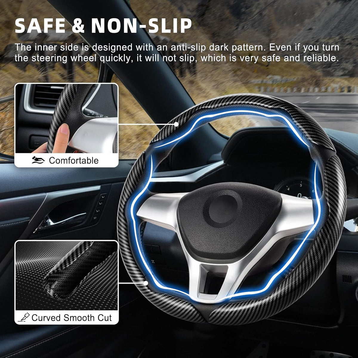 Amiss 3pcs Carbon Fiber Anti-Skid Steering Wheel Cover, Waterproof Design, Universal Fit for 14-16 Inch Car Wheel Cover, Interior Car Accessories for Jeeps, SUVs, Trucks (Glossy Black)