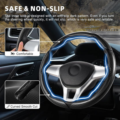 Amiss 3pcs Carbon Fiber Anti-Skid Steering Wheel Cover, Waterproof Design, Universal Fit for 14-16 Inch Car Wheel Cover, Interior Car Accessories for Jeeps, SUVs, Trucks (Glossy Black)