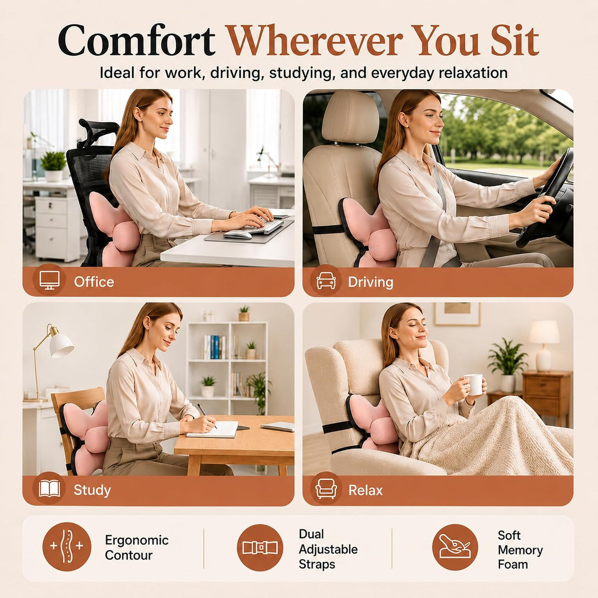 Lumbar Support Pillow for Office Chair & Car, Desk Chair Back Cushion,,Pink