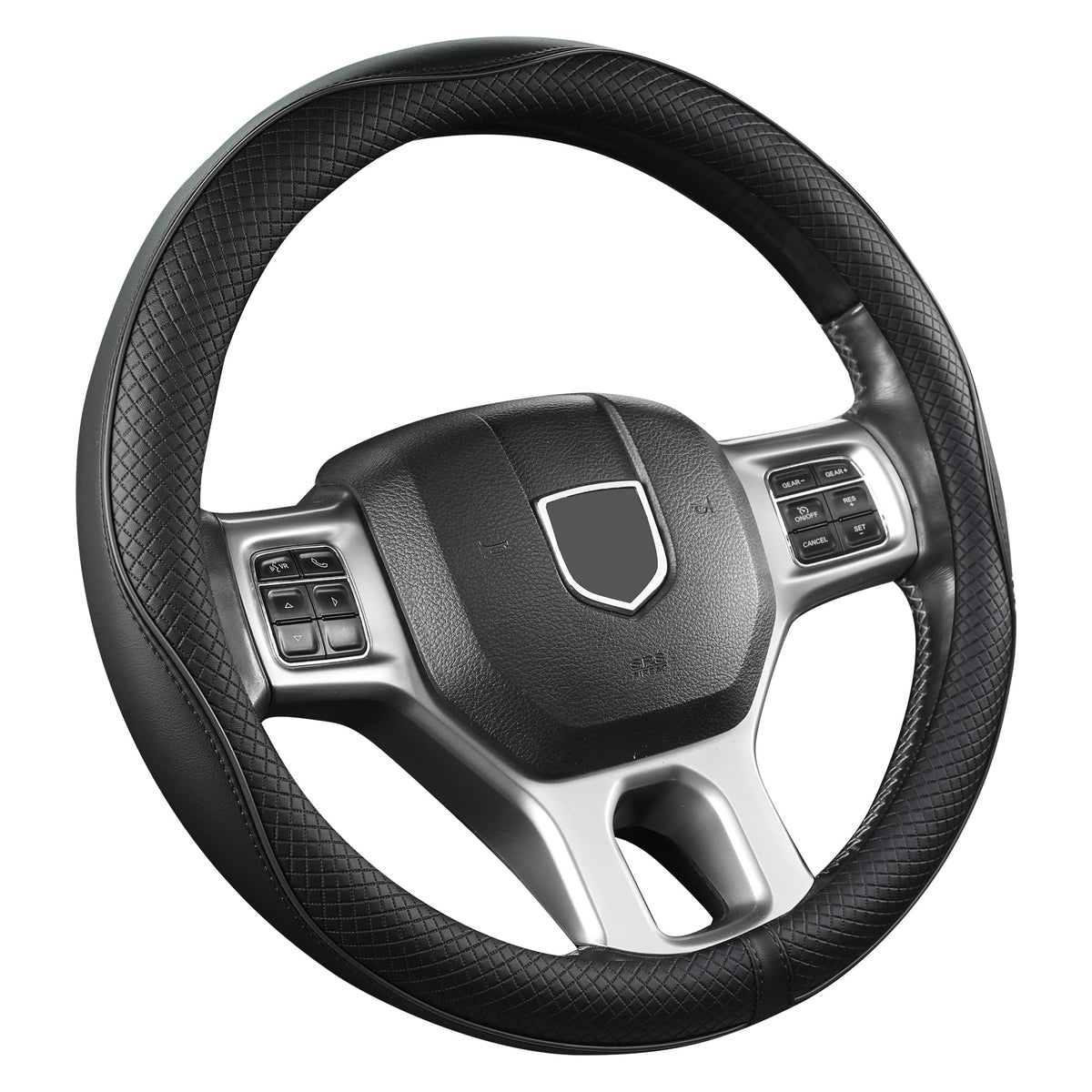 West Llama Customized Auto Car Steering Wheel Cover for Dodge RAM 1500 2500 3500, 15.5-16 inch (Diamond Quilted-Black+Red-Large Size)