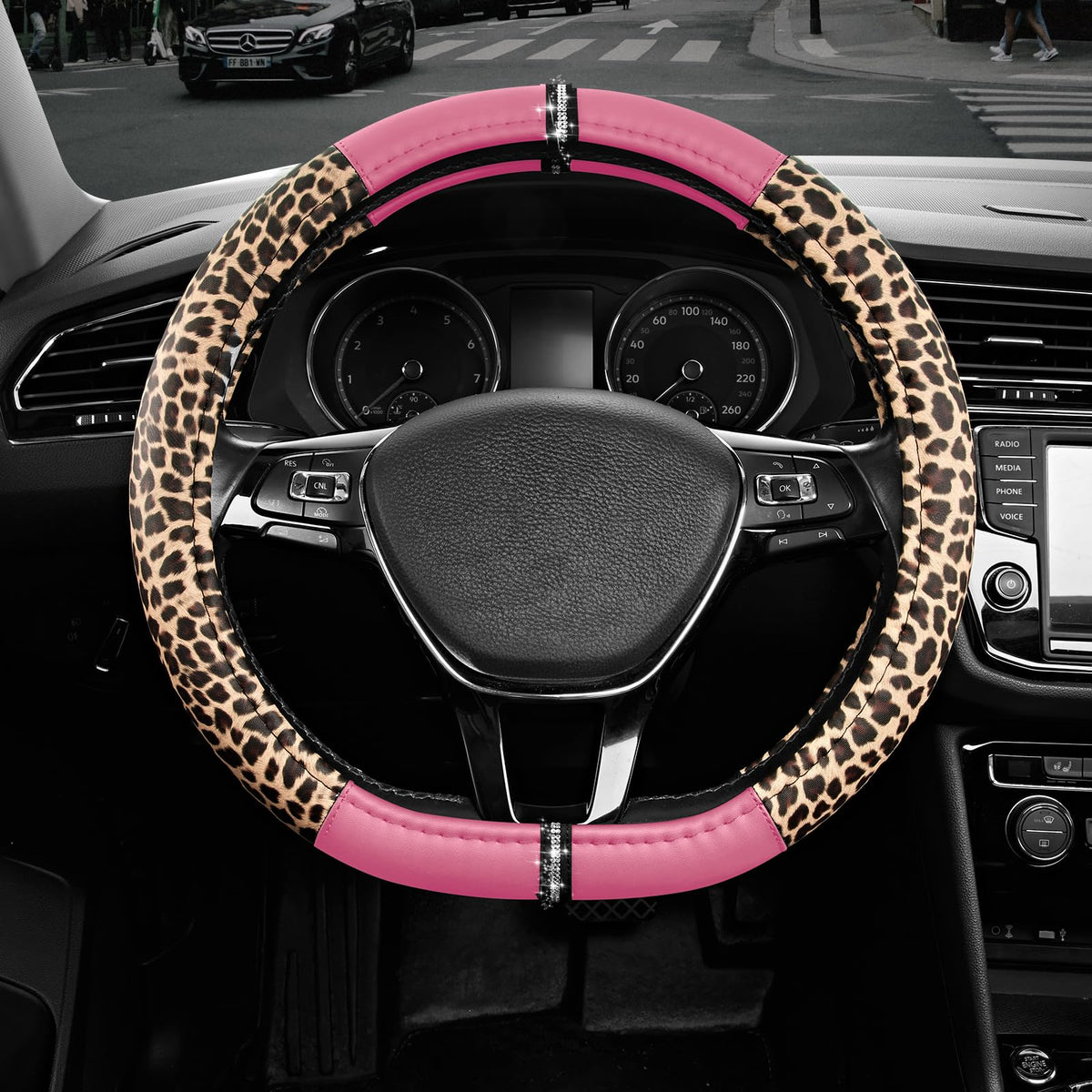 Road Comforts Leopard Steering Wheel Cover for Women, Cute Anti-Slip Premium PVC Leather, Fit 14.5-15 Inches Round Steering Wheel - Black