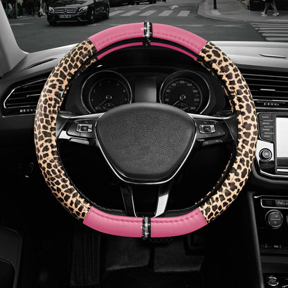 Road Comforts Leopard Steering Wheel Cover for Women, Cute Anti-Slip Premium PVC Leather, Fit 14.5-15 Inches Round Steering Wheel - Black