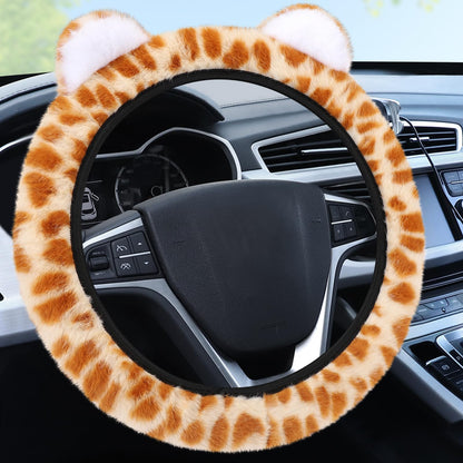 Accmor Fuzzy Car Steering Wheel Cover, Universal Fit Fur Auto Wheel Cover & Handbrake Cover & Gear Shift Cover Set, Leopard Warm Fluffy Vehicle Wheel Protector Car Accessories for Men Women (Brown)