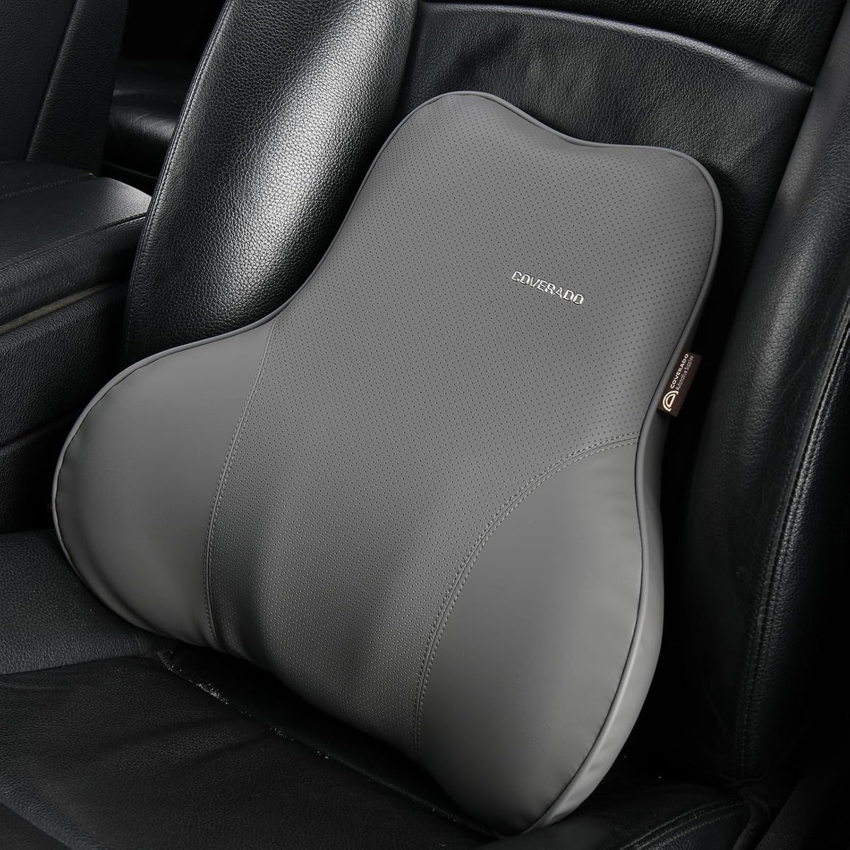 Coverado Lumbar Support Pillow for Car, Ergonomic Memory Foam Back Pillow for Office Chair, New Back Cushion for Pain Relief, PU Leather Car Lumbar Support for Driving Seat - BK