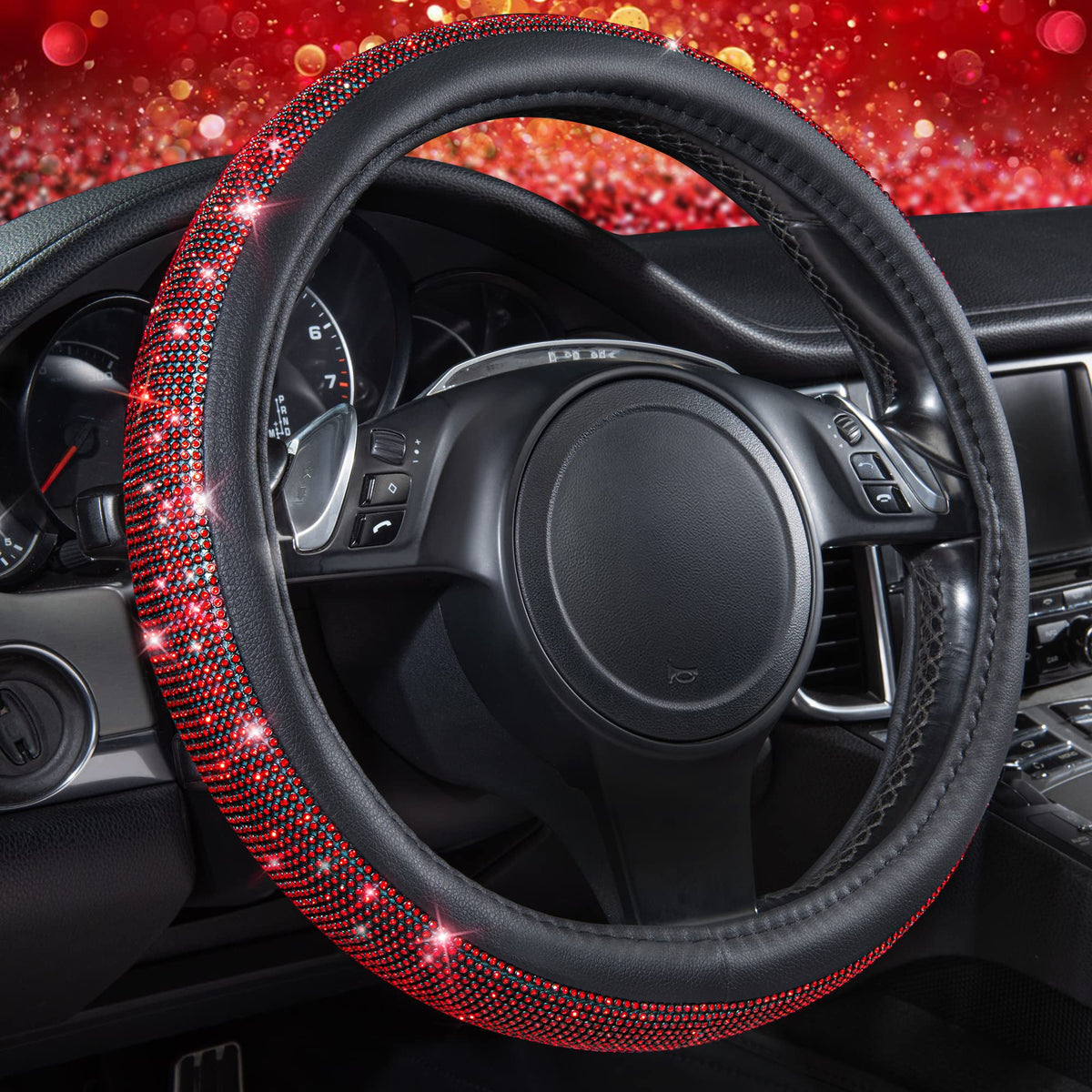 CAR PASS Bling Diamond Leather Steering Wheel Cover, With Sparkly Crystal Glitter Rhinestones Universal Fit 14"1/2-15" Car Wheel Protector for Women Girl Fit Suvs,Vans,Sedans,Car,Trucks, Black Diamond