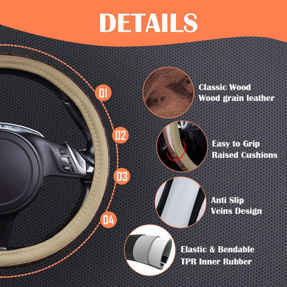 CAR PASS Wood Grain 14.5-15 inch Microfiber Leather Steering Wheel Cover, Anti-Slip Veins Design Steering Wheel Universal Fit for Most Cars, Sedans, SUV， Beige