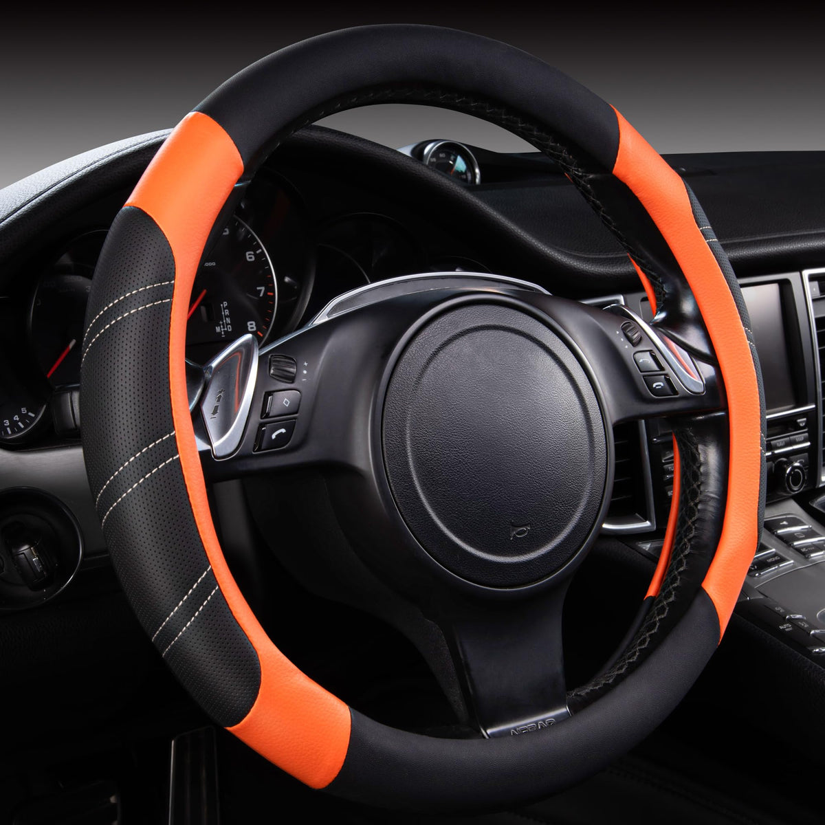 CAR PASS Line Rider Microfiber Leather Sporty Steering Wheel Cover Universal Fits for 95% Truck,SUV,Cars,14.5-15inch Anti-Slip Safety Comfortable Desgin (Black-Blue)