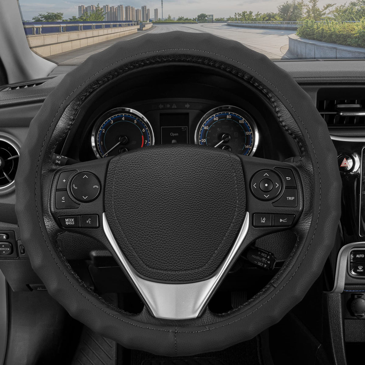 BDK Black Genuine Leather Steering Wheel Cover Large 15.5 to 16 inch