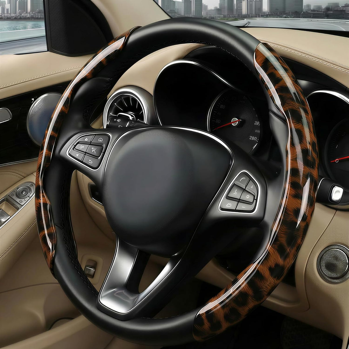 Leopard Print Steering Wheel Cover for Women, 2-Piece Snap-On