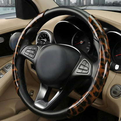 Leopard Print Steering Wheel Cover for Women, 2-Piece Snap-On